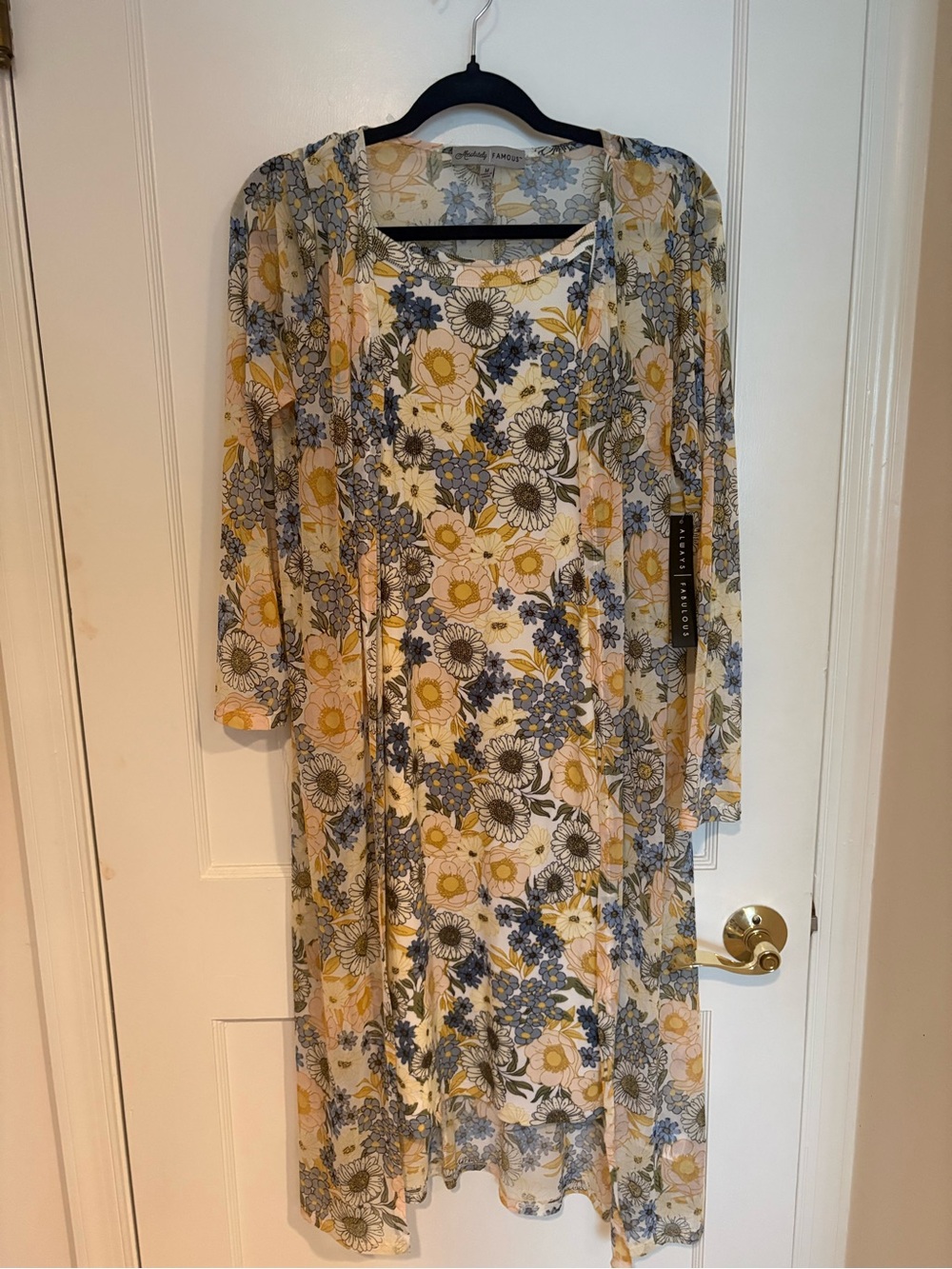 Absolutely Famous Yellow & Blue Floral Sleeveless Dress with Sheer Overlay